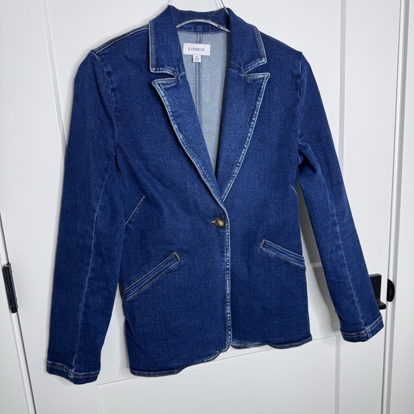Evereve Fitted Jean Jacket Blazer Women's Denim 1 Button Shoulder Pads XS NWOT - Picture 6 of 10